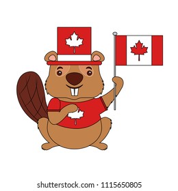 canadian beaver with hat holding canada flag