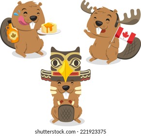 Canadian Beaver Holding Canada Flag, vector illustration cartoon. With beaver holding pancake, maple syrup, totem hat.