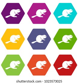 Canadian beaver icon set many color hexahedron isolated on white vector illustration