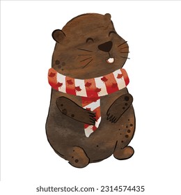 canadian beaver wearing maple leaf's scarf for canadian day illustration vector