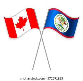 Canadian and Belizean crossed flags. Canada combined with Belize isolated on white. Language learning, international business or travel concept.