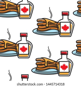 Canadian breakfast pancake with maple syrup bottle seamless pattern vector hot dish bakery or pastry on plate herb jam in container cuisine and cooking travel to Canada endless texture morning snack.