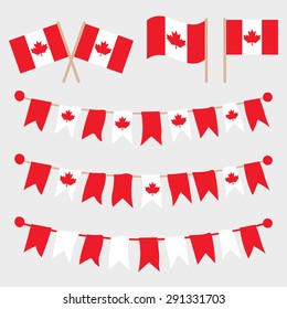 Canadian buntings, garlands, flags set isolated on grey background. Vector illustration.