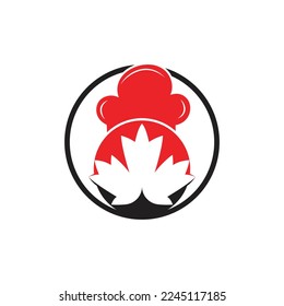 Plantilla de diseño del logotipo vectorial del chef canadiense. Hoja de arce con el logotipo del icono del sombrero de chef.