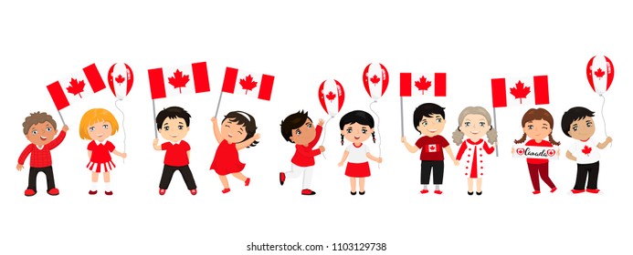 Canadian children with flags and balloons. graphic design to the Canada holidays