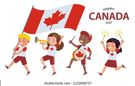 Canadian children of various ethnicities are parading commemorating and celebrating Happy Canada Day.