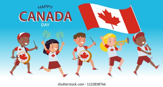 Canadian children of various ethnicities are parading commemorating and celebrating Happy Canada Day.