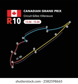 Canadian Circuit 2025 map, vector isolated illustration for racing calendar, ready to print