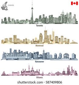 Canadian cities Toronto, Montreal, Vancouver and Ottawa skylines in different color palettes vector illustration