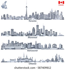 Canadian cities Toronto, Montreal, Vancouver and Ottawa skylines in tints of blue color palette vector illustrations. Map and flag of Canada