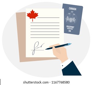 Canadian citizenship biometric passport. Travel Study Immigration to Canada North America. Business man hand sign fake signature document vector illustration, contract application with red maple leaf