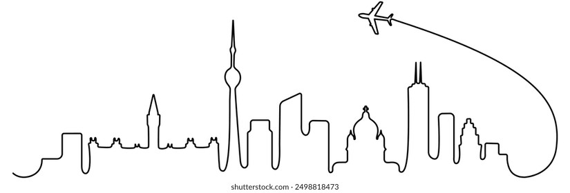 Canadian city skyline architecture. Flying plane with minimal linear cityscape and travel concept. Vector illustration isolated on white.