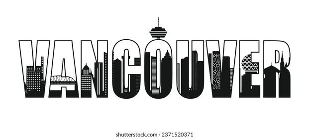 Canadian City Vancouver Skyline in Text-Umriss Silhouette Schwarz-Weiß-Illustration