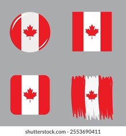 Canadian Colors Vector. Badge Button, Square, Round Square and Paint Stroke. White and Red Illustration. Canada Day.