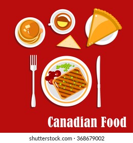 Canadian cuisine breakfast icon with grilled peameal bacon, served with green peas, bread and ketchup, sugar pie, pancakes with maple syrup and tea with lemon. Flat style