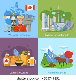 Canadian culture landmarks nature and cuisine for tourists 4 flat icons square poster concept isolated vector illustration