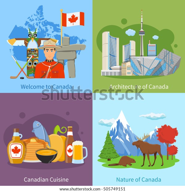 Canadian culture landmarks nature and\
cuisine for tourists 4 flat icons square poster concept isolated\
vector illustration