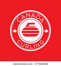 A Canadian curling crest in vector format. This round shield features maple leaves, text that says Canada, and a curling rock.