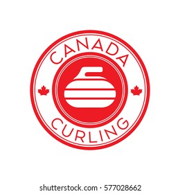 A Canadian curling crest in vector format. This round shield features maple leaves, text that says Canada, and a curling rock.