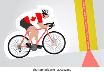 Canadian cyclist riding upwards to finish line vector isolated illustration
