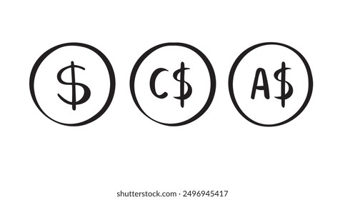 Dólar canadiense, dólar australiano, dólar americano doodle dibujado a mano icono. Ilustración vectorial