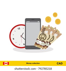Canadian dollar banknote. Time is money concept vector illustration.