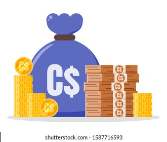 Canadian Dollar Money Bundle And Coin Stack Sack Bag Vector Icon Logo And Design. Canada Currency Business, Payment And Finance Element. Can Be Used For Web, Mobile, Infographic, And Print.