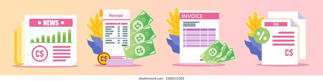 Canadian Dollar Receipt and Documents Illustration