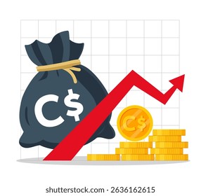 Canadian dollar sack, coins and red arrow on a chart. Finance growth vector illustration.