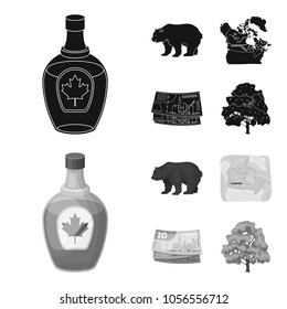 Canadian dollar, territory map and other symbols of the country.Canada set collection icons in black,monochrom style vector symbol stock illustration web.