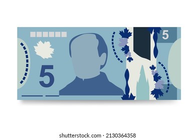 Canadian Dollar Vector Illustration. Canada money set bundle banknotes. Polymeric money 5 CAD. Flat style. Isolated on white background. Simple minimal design.