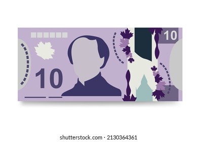 Canadian Dollar Vector Illustration. Canada money set bundle banknotes. Polymeric money 10 CAD. Flat style. Isolated on white background. Simple minimal design.