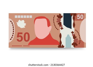 Canadian Dollar Vector Illustration. Canada money set bundle banknotes. Polymeric money 50 CAD. Flat style. Isolated on white background. Simple minimal design.