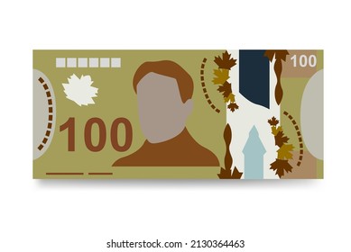 Canadian Dollar Vector Illustration. Canada money set bundle banknotes. Polymeric money 100 CAD. Flat style. Isolated on white background. Simple minimal design.