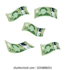 Ilustración del vector del dólar canadiense. Canadiense Money Set Bundle Billetes. Cayendo, volando dinero 20 CAD. Estilo plano. Aislado sobre fondo blanco. Diseño sencillo y mínimo.