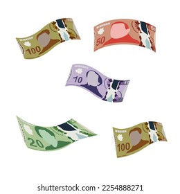 Canadian Dollar Vector Illustration. Canada money set bundle banknotes. Falling, flying money 10, 20, 50, 100 CAD. Flat style. Isolated on white background. Simple minimal design.