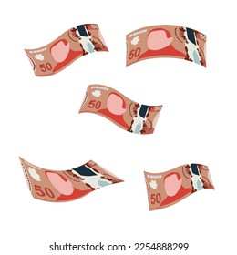 Ilustración del vector del dólar canadiense. Canadiense Money Set Bundle Billetes. Cayendo, volando dinero 50 CAD. Estilo plano. Aislado sobre fondo blanco. Diseño sencillo y mínimo.