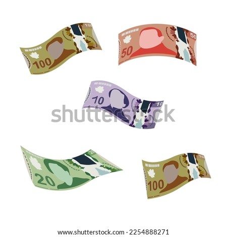 Canadian Dollar Vector Illustration. Canada money set bundle banknotes. Falling, flying money 10, 20, 50, 100 CAD. Flat style. Isolated on white background. Simple minimal design.