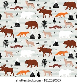 Canadian fauna seamless pattern design with forest animals