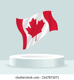 Bandera canadiense. 3d representación de la bandera mostrada en el soporte. Bandera ondulada en tonos pastel modernos. Dibujo, sombreado y color de la bandera en capas separadas, cuidadosamente en grupos para una edición sencilla.