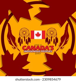 Canadian flag with accessories, feathers. maple leaf and bold text with circle frame on orange background to commemorate Canada's National Indigenous Peoples Day on June 21