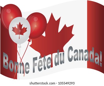 Canadian Flag and Balloons Wishing Happy Canada Day in French Illustration