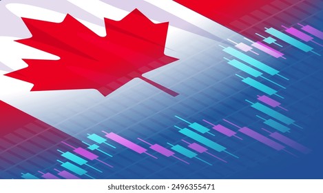 Canadian Flag combined with a stock exchange trading chart. Isometric digital concept of the stock market.