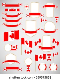 Canadian flag decoration elements. Banners, labels, ribbons, icons, badges and other templates for design 