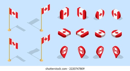 Bandera canadiense (Dominio de Canadá). Icono de conjunto de indicadores isométricos 3D. Vector editable para banner, afiche, presentación, infografía, sitio web, aplicaciones, mapas y otros usos.