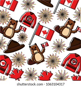 canadian flag with fireworks and beaver pattern
