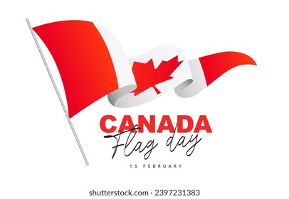 Canadian flag fluttering on the flagpole. Canada flag day. February, 15. Maple leaf. Festive poster for Canada Day. Elements for the design. Vector illustration on a white background.