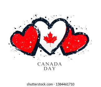 Canadian flag in the form of three hearts. Vector illustration on white background. Brush strokes drawn by hand. Canada Independence Day.