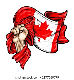 Canadian flag holding in hands of men. Canada Day. Vector illustration, flat design. Isolated hand with a Canadian flag in the white background.