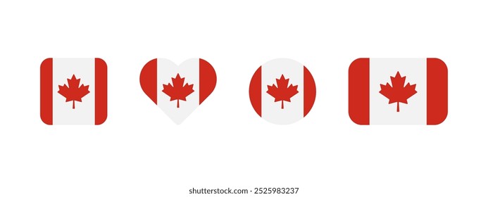 Canadian flag icon. Flag of Canada vector sign. Canadian national banner. Emblem of Canada. Ottawa or Toronto banner in four different shapes: square, heart, circle and rectangle. Maple leaf symbol.